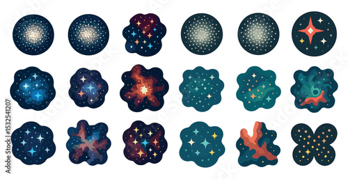 Galaxy and nebula icons set – flat, filled, cosmic and starry graphics