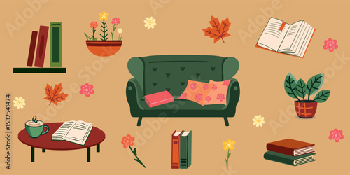 Warm cozy living room with green sofa, pillows, books, coffee, plants and autumn leaves in vector style, perfect for hygge interiors and seasonal illustrations