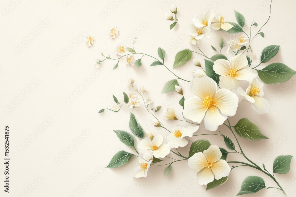 Obraz premium Elegant floral arrangement showcasing delicate white blooms and green foliage in a softly lit space