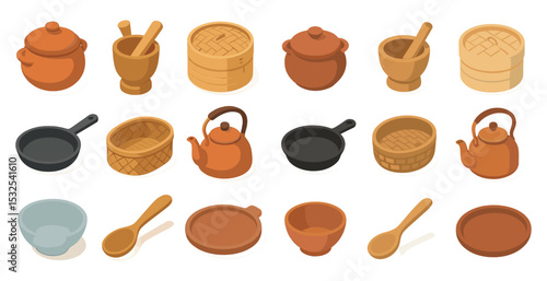 Traditional kitchenware isometric icons set – rustic cooking, culinary tools imagery
