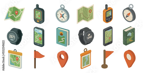 Navigation and maps isometric icons set – 3d, directional, gps and wayfinding tools