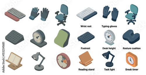 Office ergonomics isometric icons set – comfort, workplace, productivity symbols
