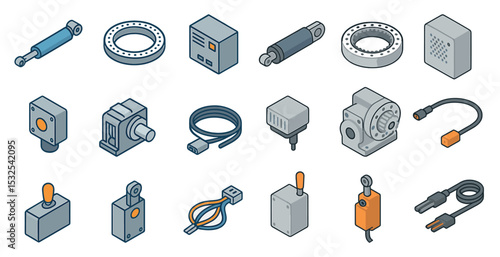 Industrial equipment icons set – isometric, engineering, machinery and tools symbols