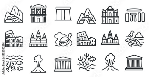 Ancient architecture outline icons set – historic, line style, cultural landmarks symbols