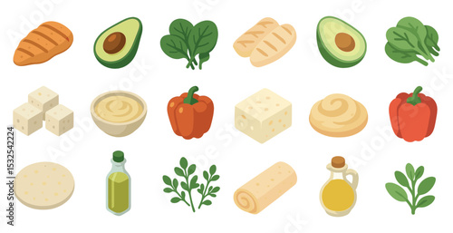 Healthy food flat icons set – fresh, nutritious, culinary symbols for menus