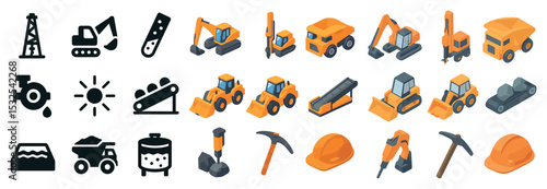 Construction and machinery icons set – isometric, industrial and building tools