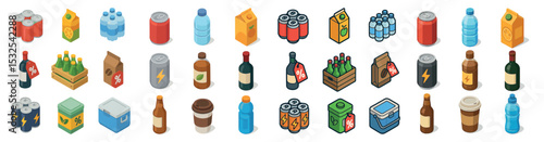 Beverage and packaging icons set – isometric, filled, drinks and containers symbols