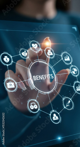 Hand interacts with digital interface, showcasing interconnected benefits icons, representing company advantages, employee perks, or consumer value proposition