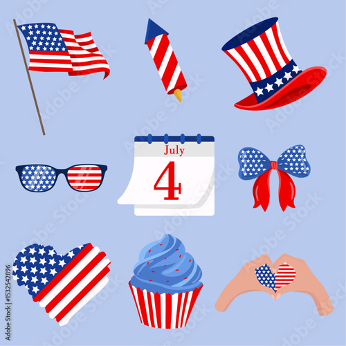 America Independence day elements 4th July celebrations Usa flag Uncle sam hat