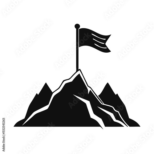 Flat silhouette of mountain peak with flag, bold black vector style, symbol of success and achievement. Concept: leadership blog, business coaching, motivation poster, Success Day, Graduation.