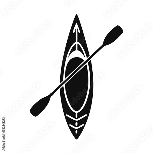 Flat black kayak icon with paddle diagonally across, bold symmetrical vector design. Concept: travel agency, outdoor sports gear, water tourism ad, Adventure Week, Summer Fair.