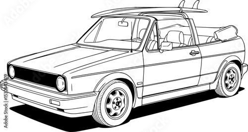 Retro Convertible Car with surfer board on the top 