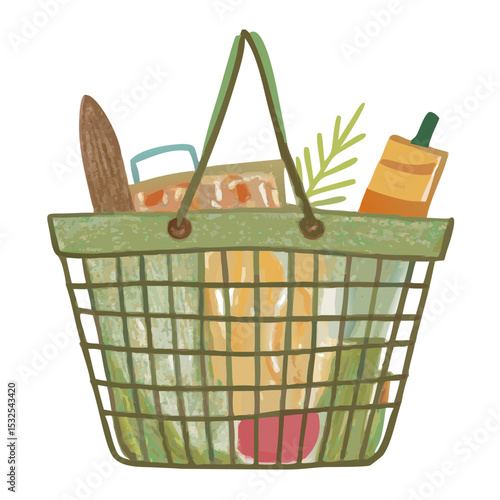 Colored shopping basket full of groceries including bread, milk and greens, illustrated in soft drawing style. supermarket flyer, eco bag concept, recipe card illustration