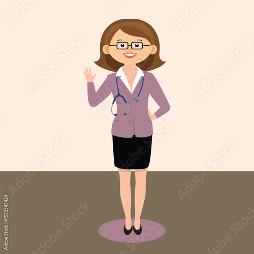 Cartoon female doctor character with stethoscope, smiling and waving in a friendly pose.