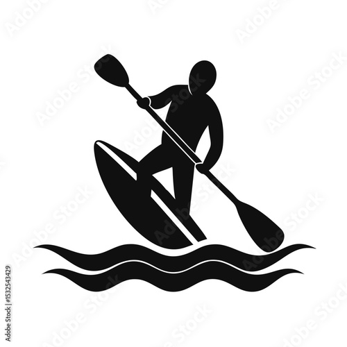 Silhouette of kayaker paddling through water waves, representing adventure sport, rafting or water activity. outdoor gear branding, sport tourism, summer festival promo concept