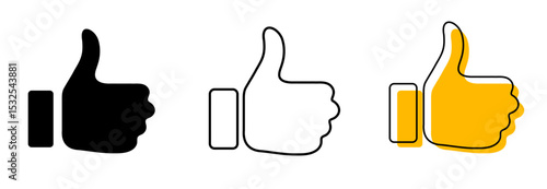  Thumbs Up Icon Set. Black Silhouette, Outline, and Yellow shape Vector Illustrations for Like, Good, Approve, Social Media, and Positive Feedback. like or Thumbs Up Outline, and Silhouette icon.