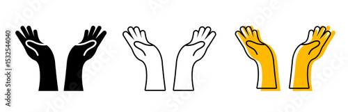 Open Hands Icon Set. Black Silhouette and Outline Vector Illustrations for Giving, Receiving, Support, Hope, Prayer, and Generosity Concepts. care Open Hands Outline, and Silhouette icon.