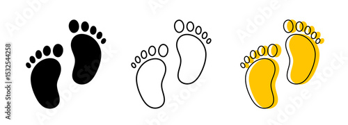 Human baby Footprints Icon Set. Black Silhouette, Outline, and Yellow shape Vector Illustrations for Walk, Path, Journey, and Baby Feet Concepts. baby Footprints Outline, and Silhouette icon.
