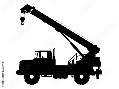 A side-view silhouette of a crane truck, centered in the frame, with its boom raised diagonally, all elements in pure black on a white background, maintaining a minimal and functional tone.