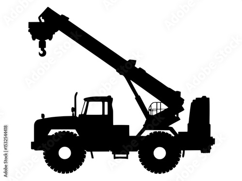 A side-view silhouette of a crane truck, centered in the frame, with its boom raised diagonally, all elements in pure black on a white background, maintaining a minimal and functional tone.