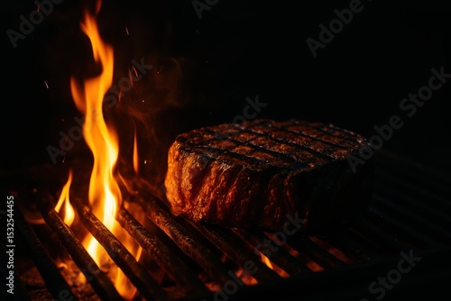 Thick cut of steak cooking on a fiery barbecue grill, surrounded by intense flames and smoke.