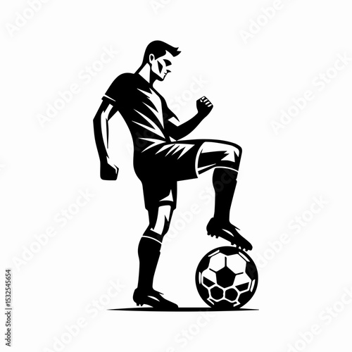 Minimalist soccer athlete logo with black silhouette of muscular player controlling football in poised stance