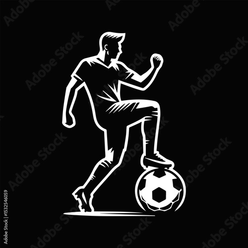 Intense football player vector logo capturing athletic male in dominant position with foot on ball