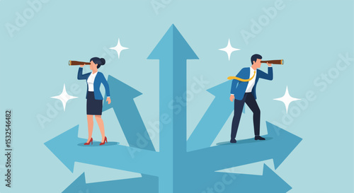 Flat Vector Illustration of Businesspeople Exploring Future Paths with Telescopes