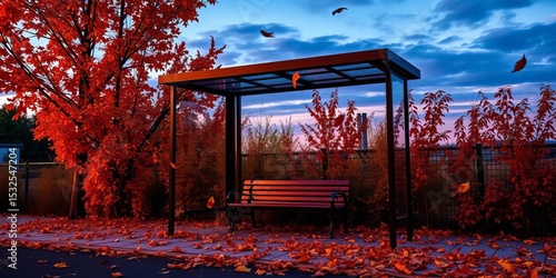 Autumn leaves swirl around a deserted bus stop bench, twilight sky,   city,  october