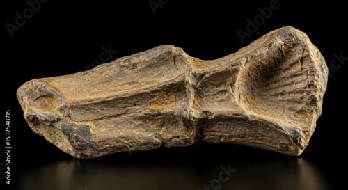 Fossilized bone fragment, grayish-brown, shows texture and structure.  Possibly part of an ancient creature
