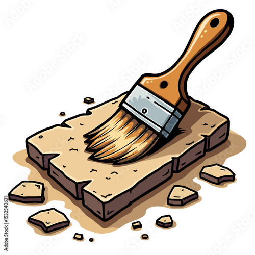 Cartoon Paintbrush Applying Texture to a Stone Slab with Debris, Isolated Illustration
