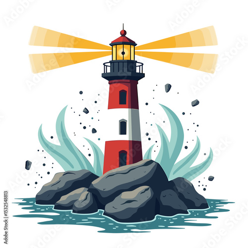 Cartoon Lighthouse Illustration with Red and White Stripes Standing on Rocks in the Ocean