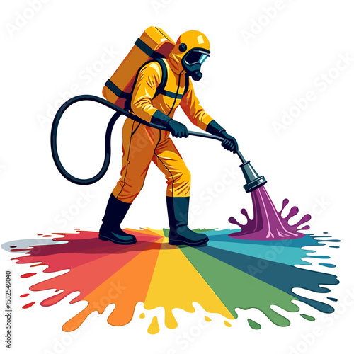 Person in Hazmat Suit Spraying Rainbow Colored Liquid Illustration, Creating a Vibrant and Colorful Splash