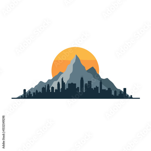 Wallpaper Mural Cityscape Silhouette with Mountain Backdrop and Rising Sun, a Vector Graphic Illustration Torontodigital.ca
