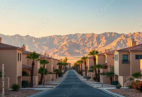 Endless beige houses, palm trees, distant rugged mountains, community, Nevada