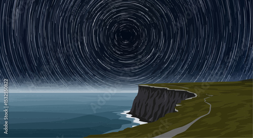 Flat vector art of a cliffside road under swirling starry night sky  