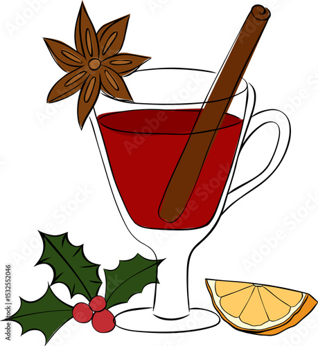 Mulled wine composition isolated. Vector graphic line ink illustration. Silhouette sign for logo, print, comics, fashion, pop art, boards, design, stickers, decoration, posters