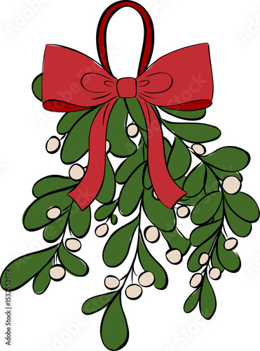 Omela, Holly, Mistletoe bunch with red ribbon composition isolated. Vector graphic line ink illustration. Christmas holiday objects collection. Xmas vector illustration for greeting card