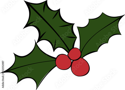 Christmas Holly Berries Plant composition isolated. Vector graphic line ink illustration. Mistletoe With Small Plant Behind For Decoration. For logo, web, package, sticker.