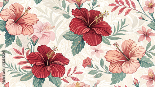 Vector illustration of seamless pattern. Red and pink hibiscus flowers.