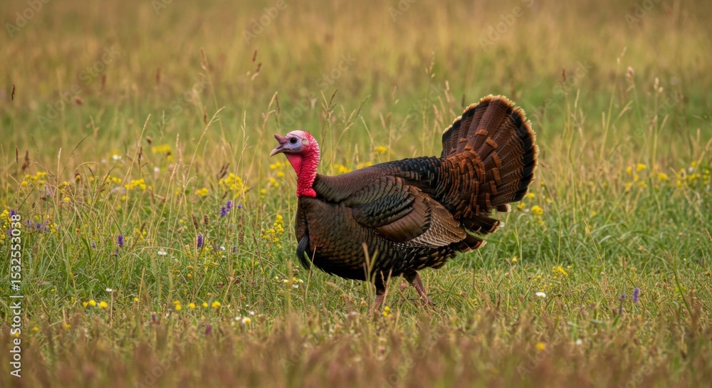 Fototapeta premium Wild turkey in a grassy field