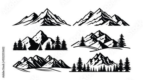 Majestic Mountain Peak Illustrations Black and White Vector Graphics for Design Projects