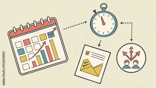 Illustration showing calendar with graph, timer, document and decision making icon arrangement view