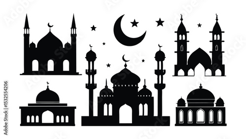 Stylized Islamic skyline with various mosque minarets and domes under the night sky – suitable for Ramadan, Eid posters, or cultural backgrounds