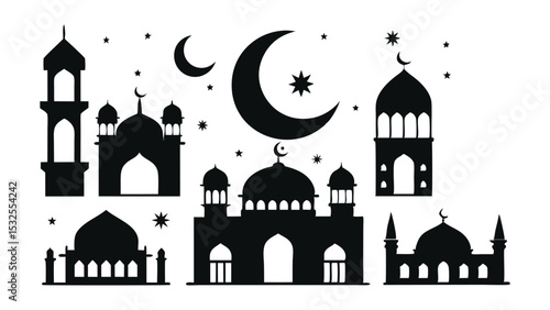 Silhouette vector of Islamic mosque under crescent moon and stars, symbolic of Eid, Ramadan, and peaceful prayer – ideal for holy month and religious designs