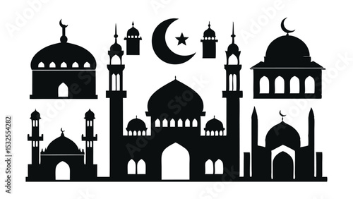 Collection of mosque domes and minarets in silhouette style with moon and stars – perfect for Islamic festival designs, Ramadan themes, and cultural art