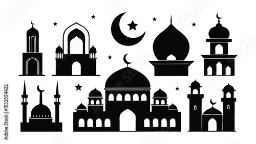 Islamic mosque silhouettes with crescent moon and star symbols, ideal for Ramadan, Eid, prayer-related themes, Islamic festivals, and cultural design use