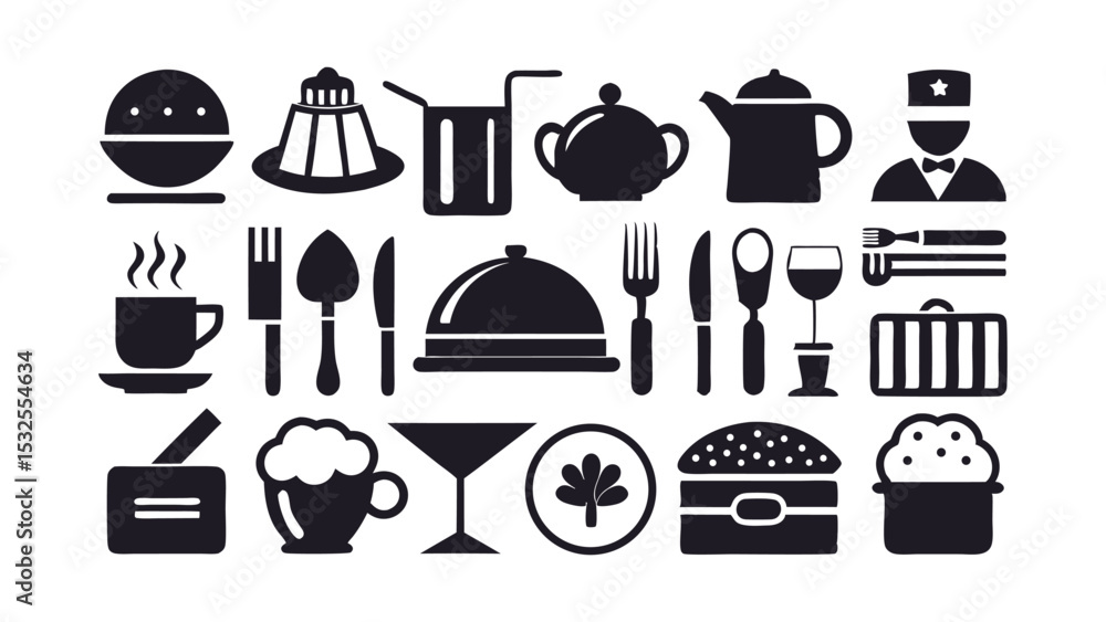 Black food and kitchen icon set including chef hats, teapots, wine glasses, cupcakes, and pastries, perfect for culinary branding and restaurant design. Black food and kitchen icon set including chef hats, teapots, wine glasses, cupcakes, and pastries, perfect for culinary branding and restaurant design.