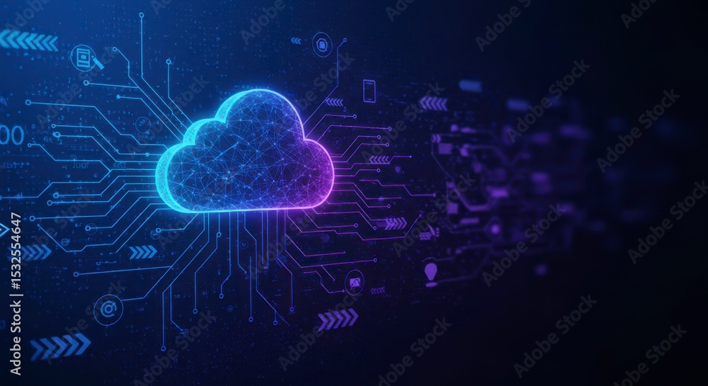 Futuristic cloud computing concept. Abstract network of interconnected data and components surrounding a cloud symbol Futuristic cloud computing concept. Abstract network of interconnected data and components surrounding a cloud symbol