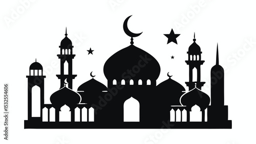 Monochrome mosque icon in flat style featuring crescent moon, minarets, and domes, perfect for Islamic festival designs like Ramadan, Eid, or Muslim architecture projects.